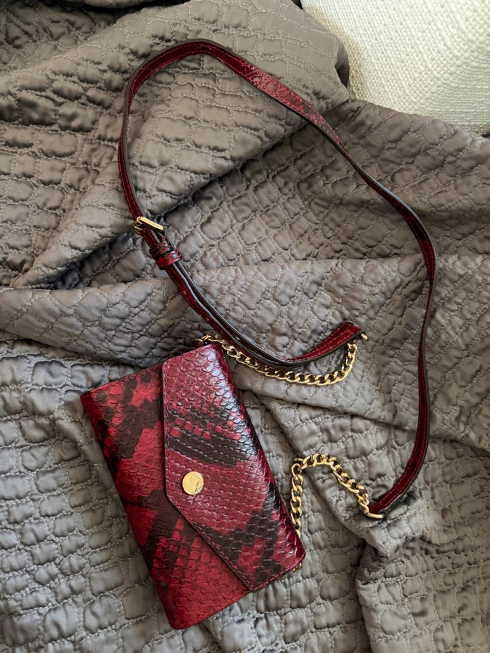 Michael Kors Red Snakeskin Crossbody Wallet with Gold Chain